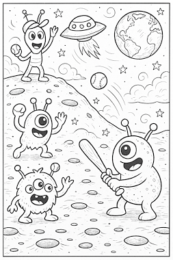 Lesmateriaal Kleurplaat Marsmannetjes Spelen Baseball met UFO in de Ruimt van auteur Kleurplaat meester