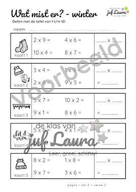 Lesmateriaal Winter - Wat mist er? - Tafel van 1 t/m 10 van auteur De klas van juf Laura slide 3
