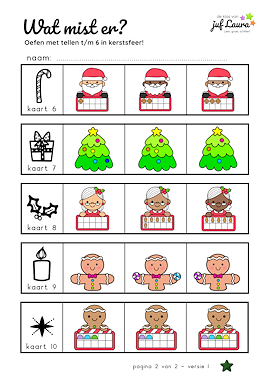 Lesmateriaal Wat mist er? - Tellen t/m 6 (*) - Kerst van auteur De klas van juf Laura slide 3