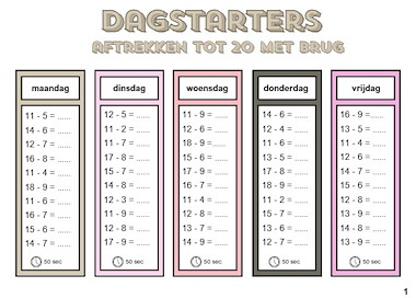 Lesmateriaal Dagstarters aftrekken tot 20 met brug van auteur Malieza
