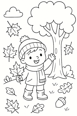 Lesmateriaal Herfst kleurplaat – Jongen in het bos met herfstblad van auteur Kleurplaatmeester