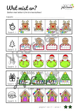 Lesmateriaal Kerst - Wat mist er? - Tellen t/m 6 (**-versie) van auteur De klas van juf Laura slide 3