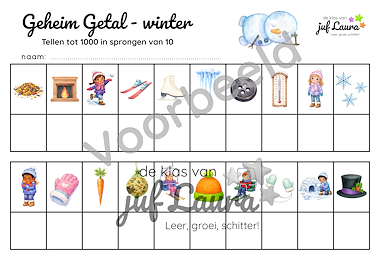 Lesmateriaal Winter - Geheim Getal - Tellen tot 1000 in sprongen van 10 van auteur De klas van juf Laura slide 3