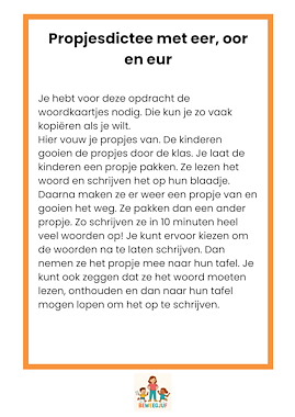 Lesmateriaal propjesdictee eer, oor, eur woorden  van auteur de beweegjuf