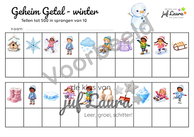 Lesmateriaal Winter - Geheim Getal - Tellen tot 500 in sprongen van 10 van auteur De klas van juf Laura slide 3