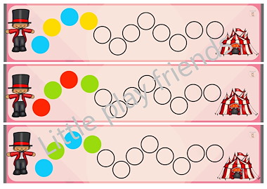 Lesmateriaal Circus - patronen verder zetten en kleuren oefenen van auteur Little Play Friends slide 4