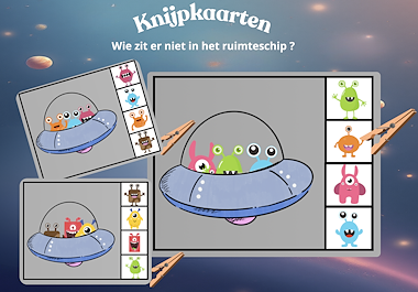 Lesmateriaal Thema ruimte: knijpkaarten-wie zit er niet in ruimteschip? van auteur Juf Katy